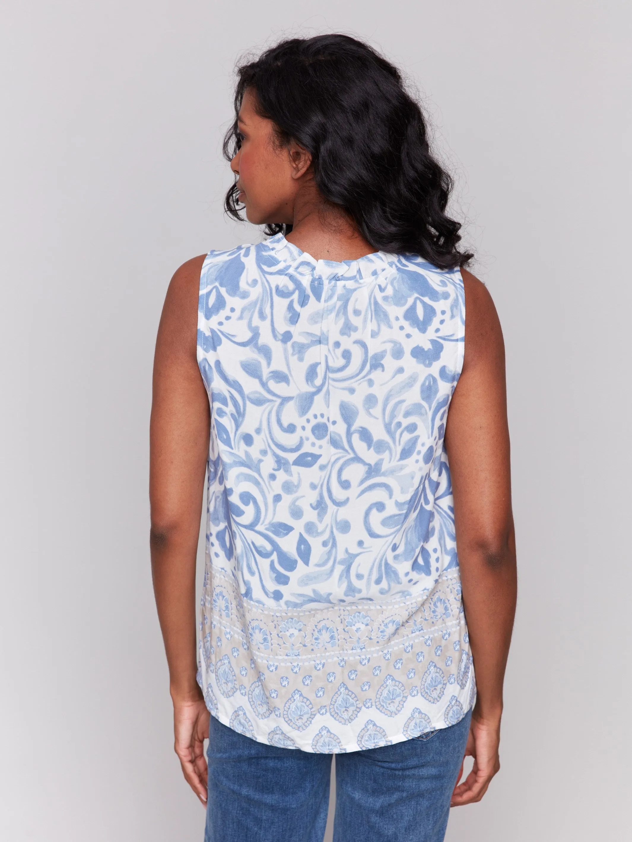 Printed Sleeveless Ruffle Neck Top - Royal