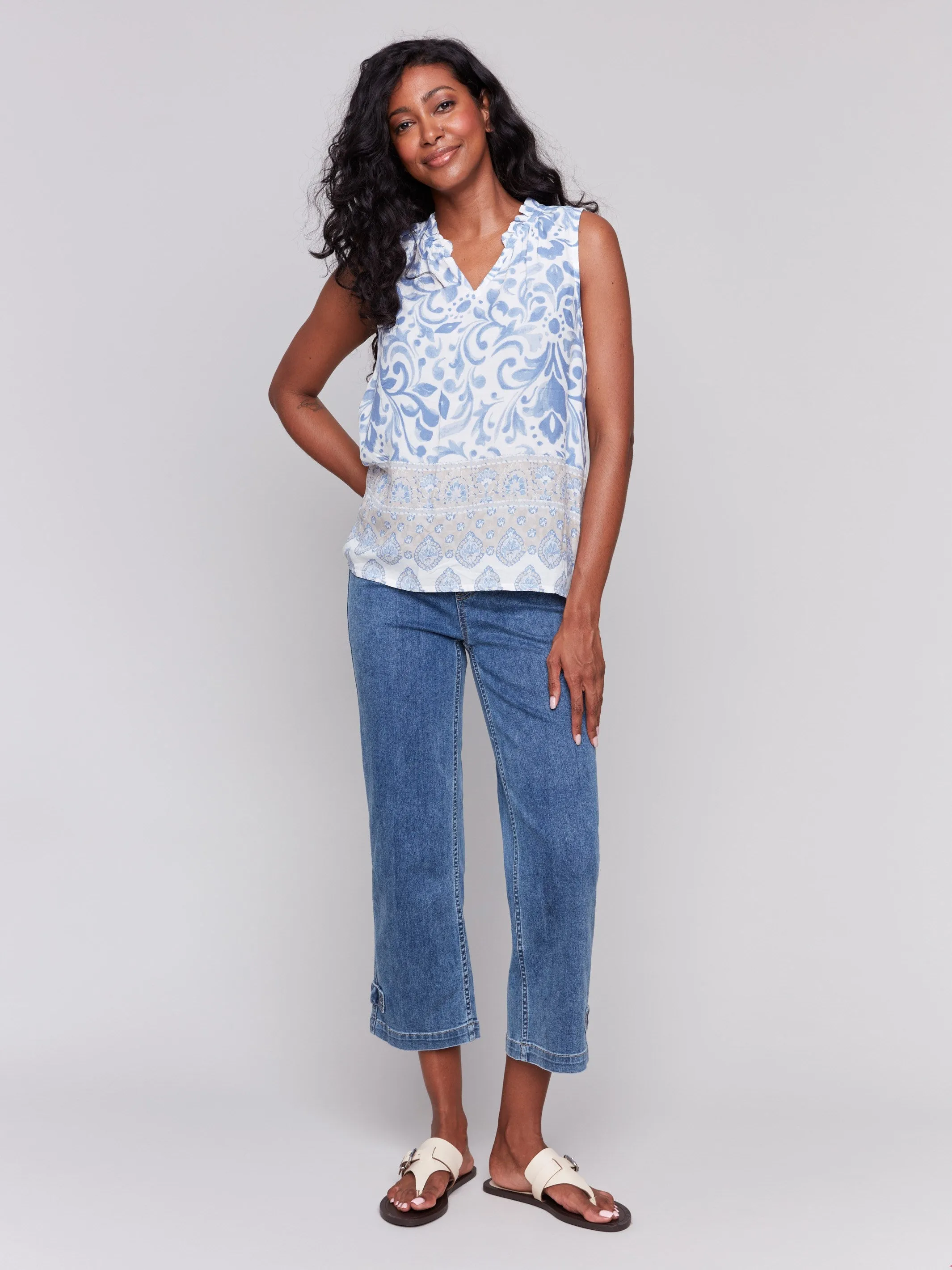 Printed Sleeveless Ruffle Neck Top - Royal