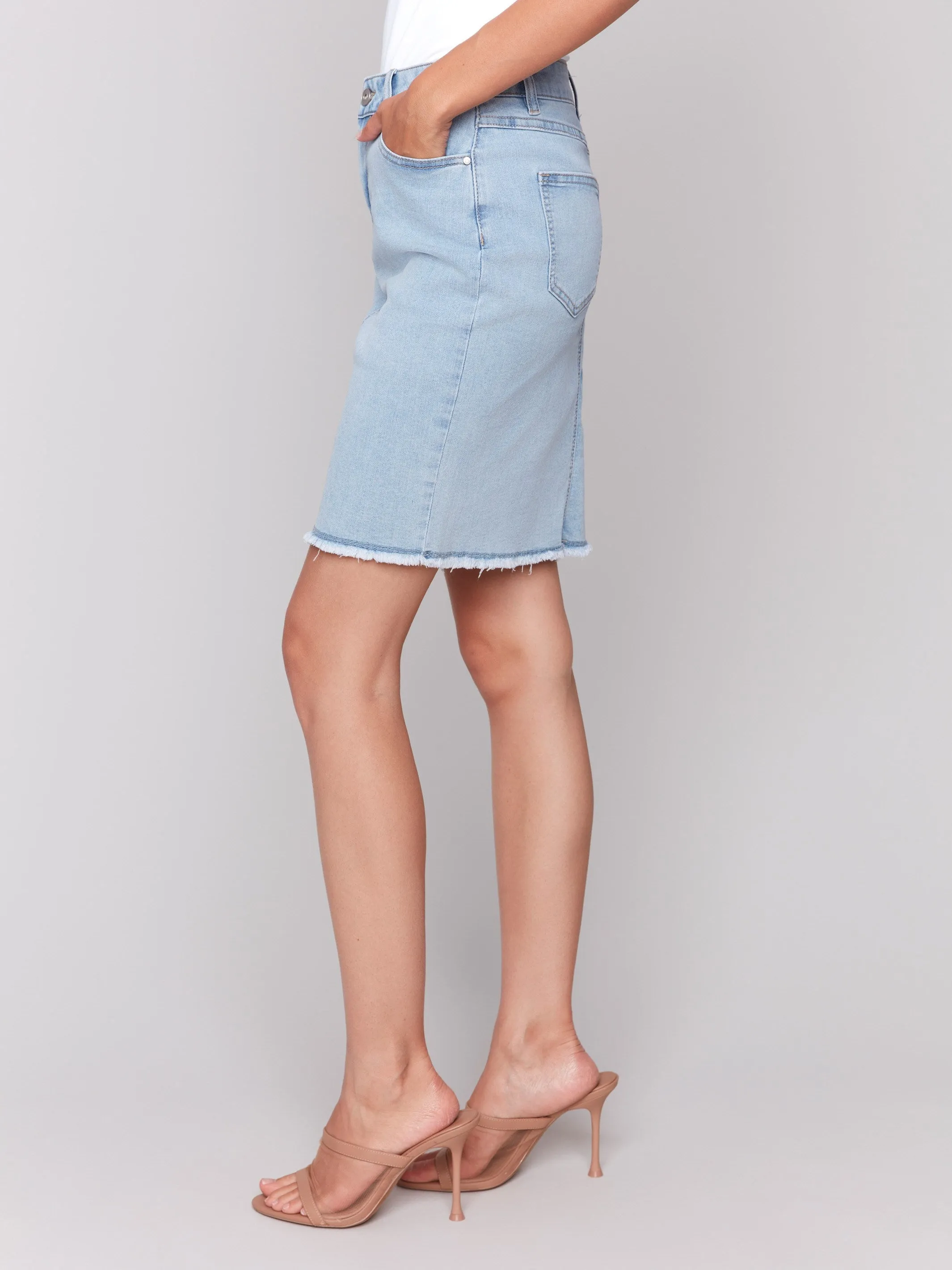 Stretch Denim Skort with Frayed Hem - Bleach Blue