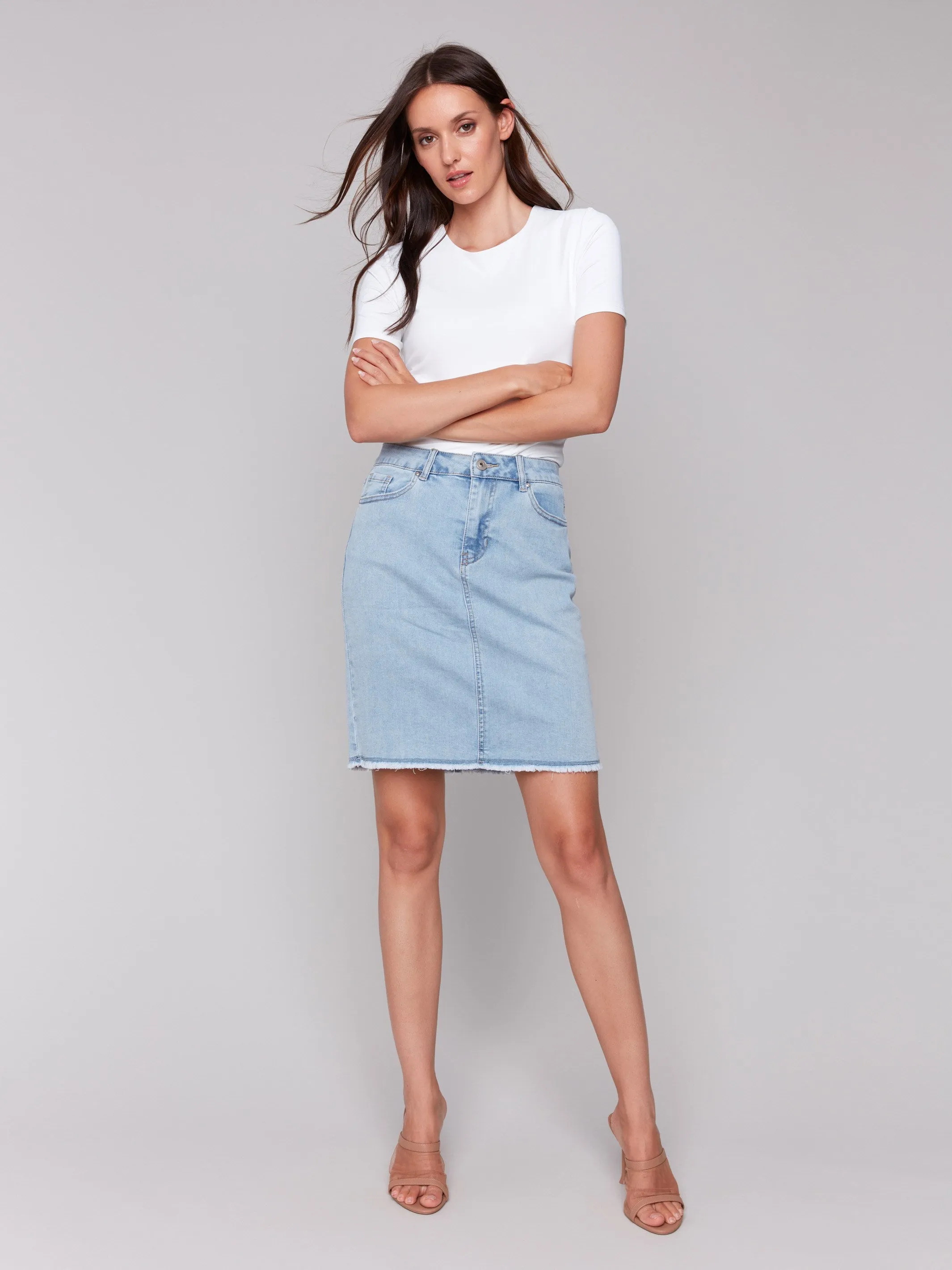 Stretch Denim Skort with Frayed Hem - Bleach Blue