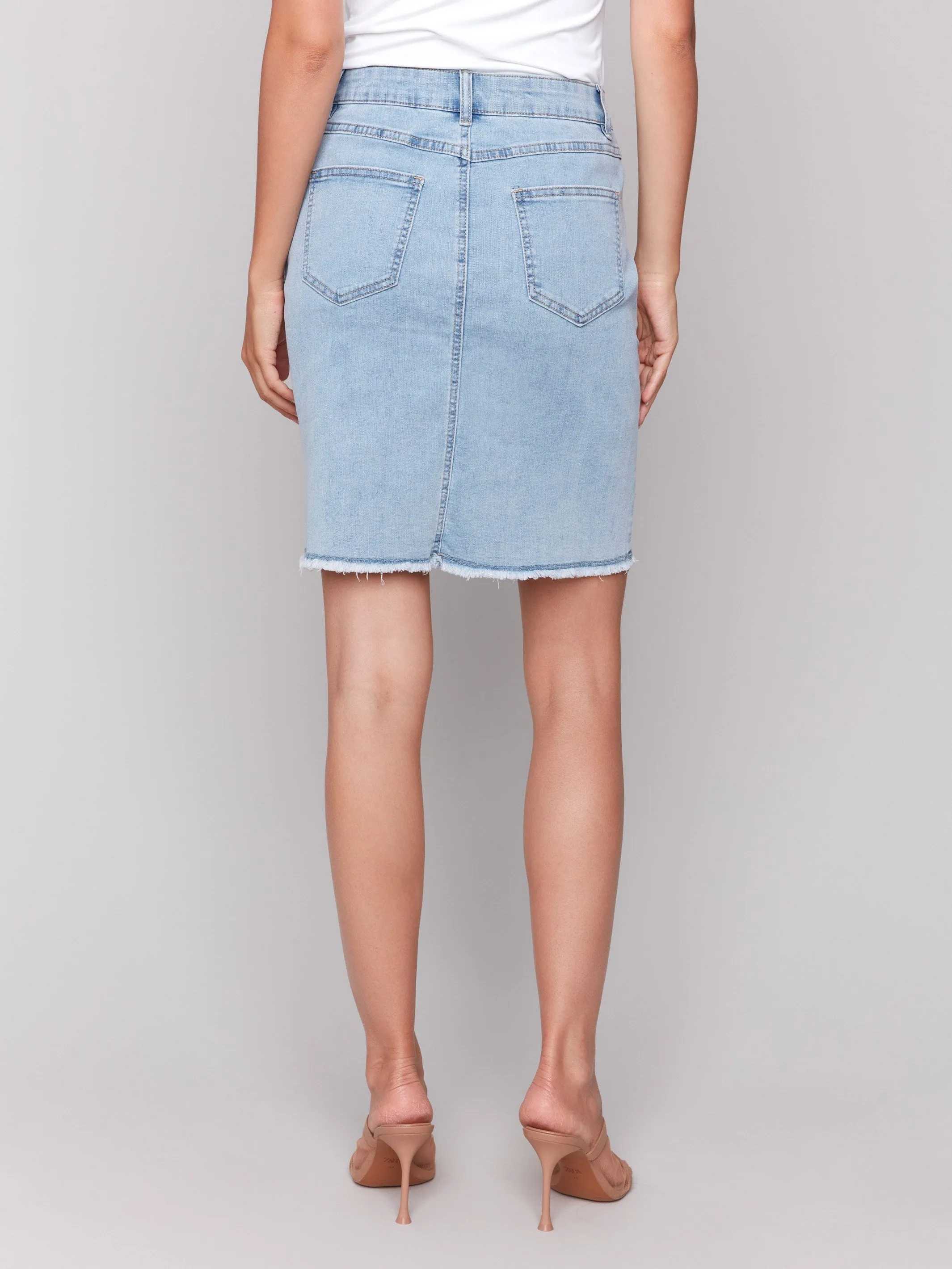 Stretch Denim Skort with Frayed Hem - Bleach Blue