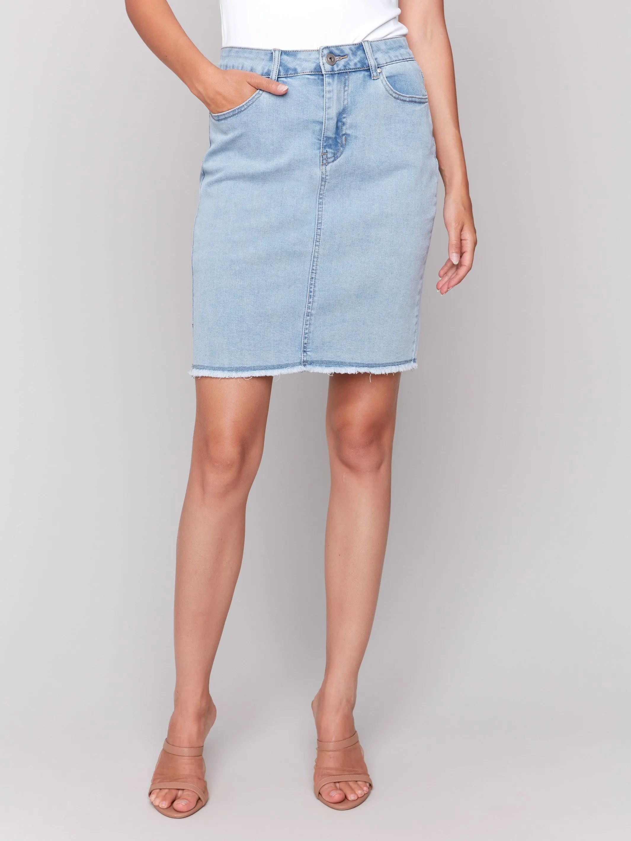 Stretch Denim Skort with Frayed Hem - Bleach Blue