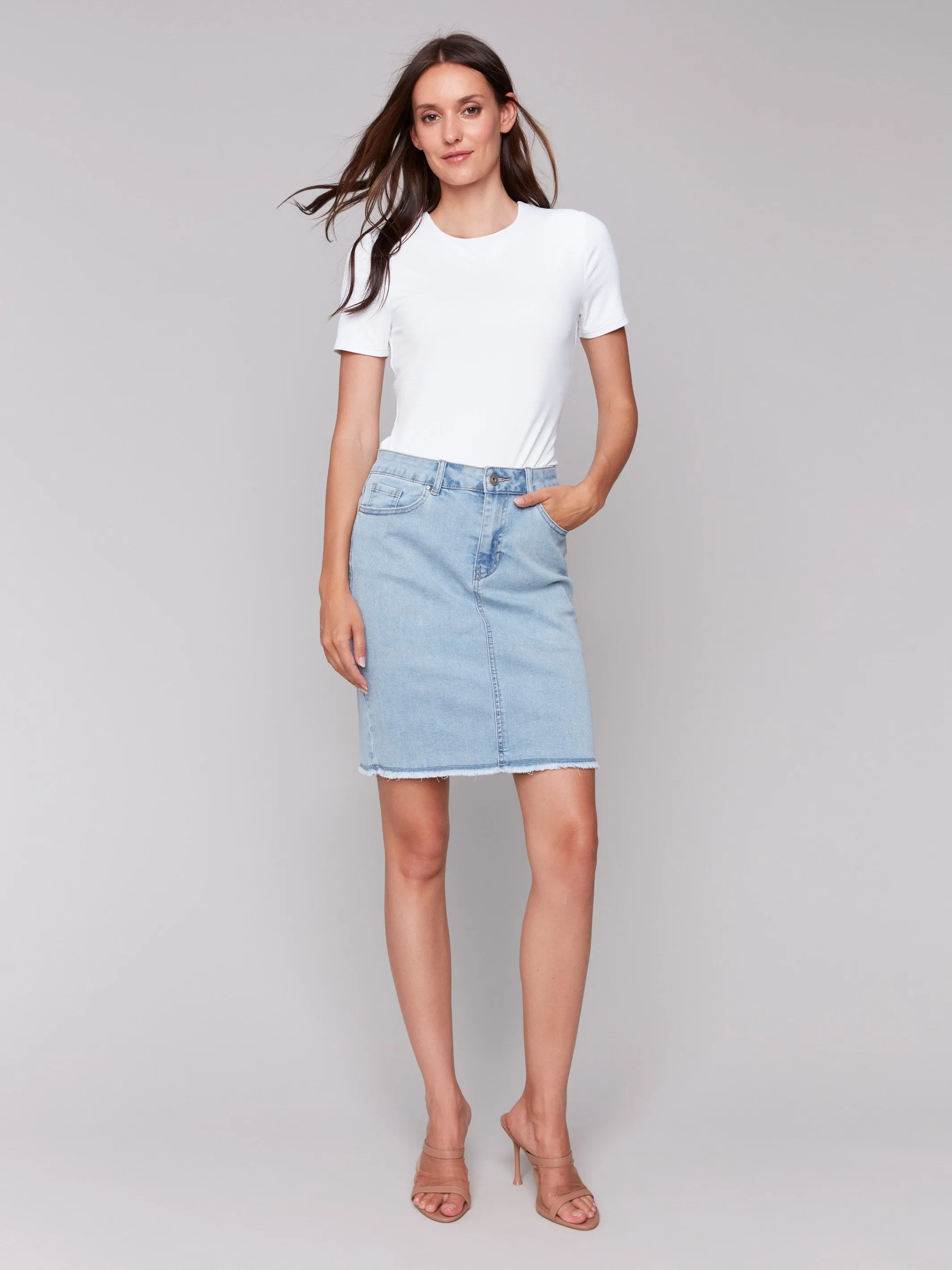 Stretch Denim Skort with Frayed Hem - Bleach Blue