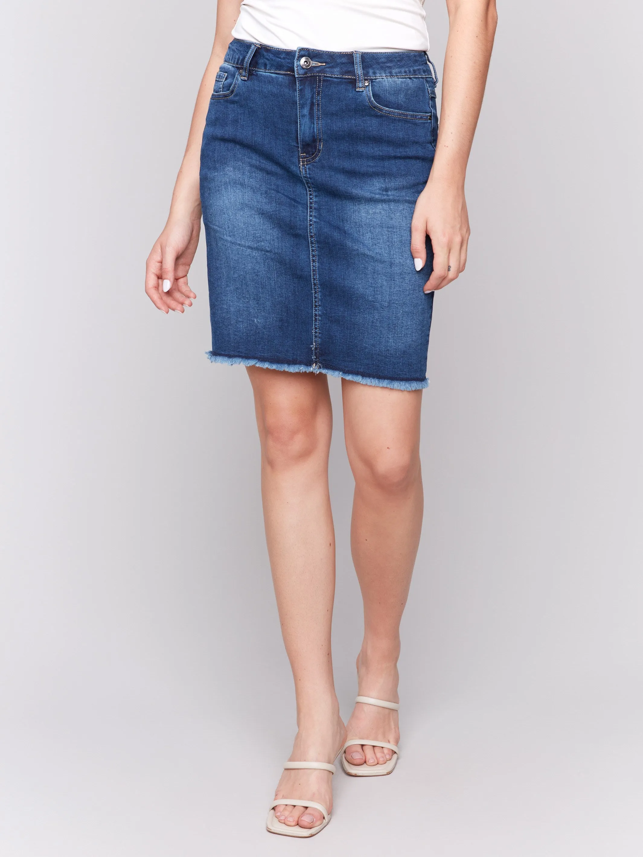 Stretch Denim Skort with Frayed Hem - Indigo