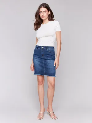 Stretch Denim Skort with Frayed Hem - Indigo