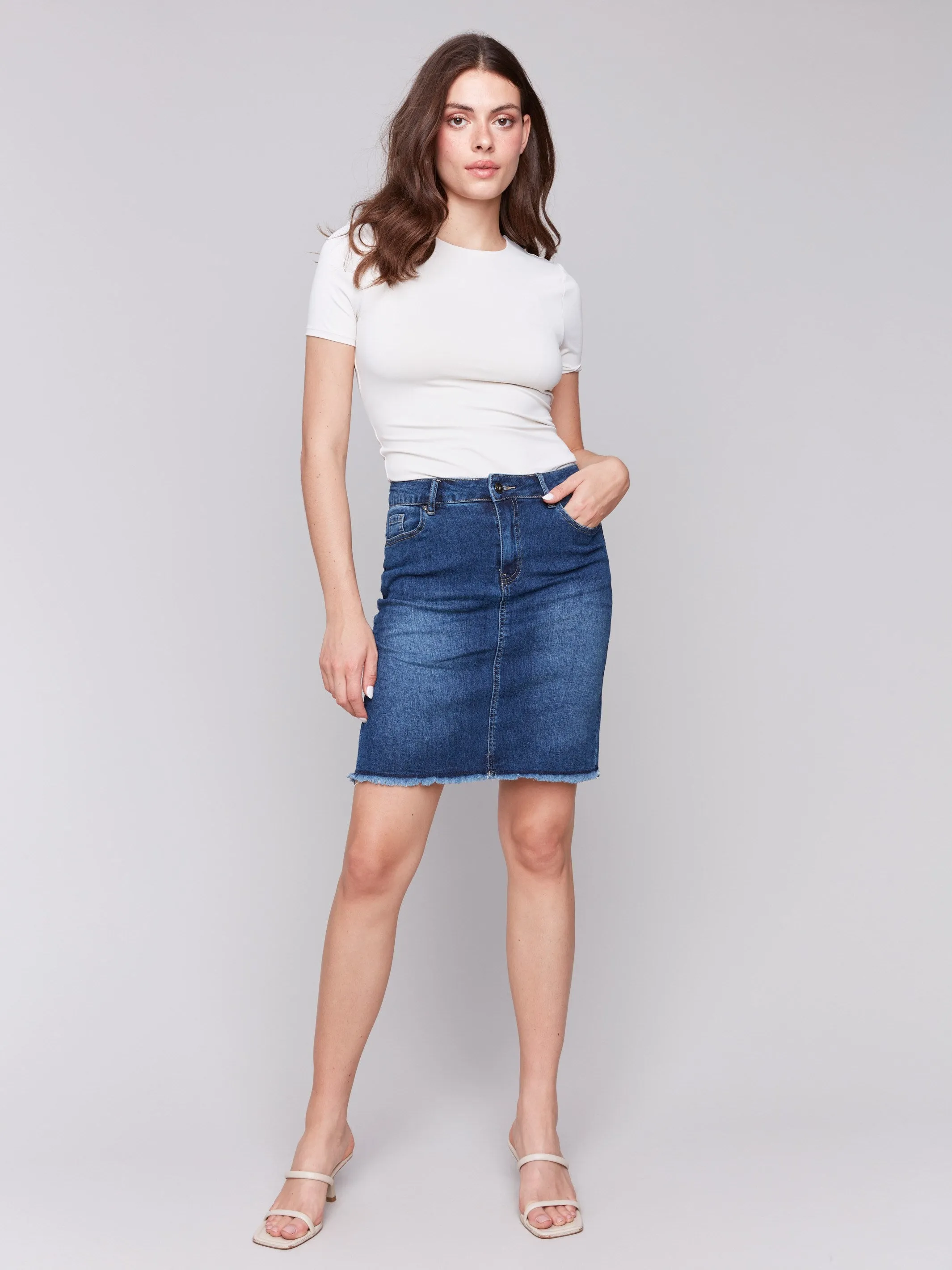 Stretch Denim Skort with Frayed Hem - Indigo