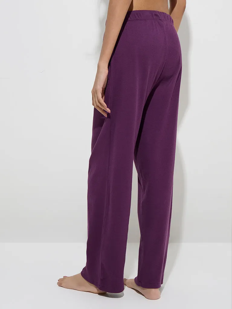 Superstar Purple Ribbed High-Rise Cotton-Blend Pants