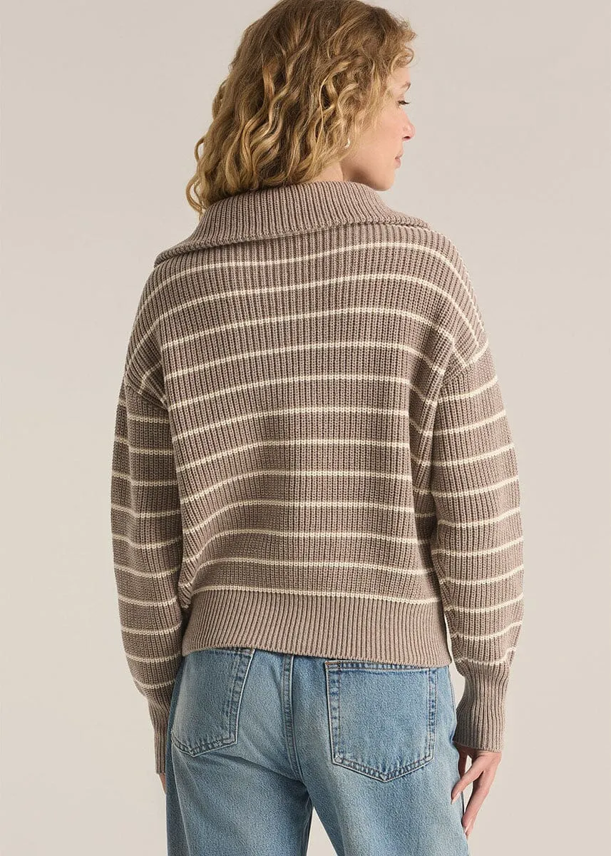 Villa Half Zip Stripe Sweater - Heather Taupe