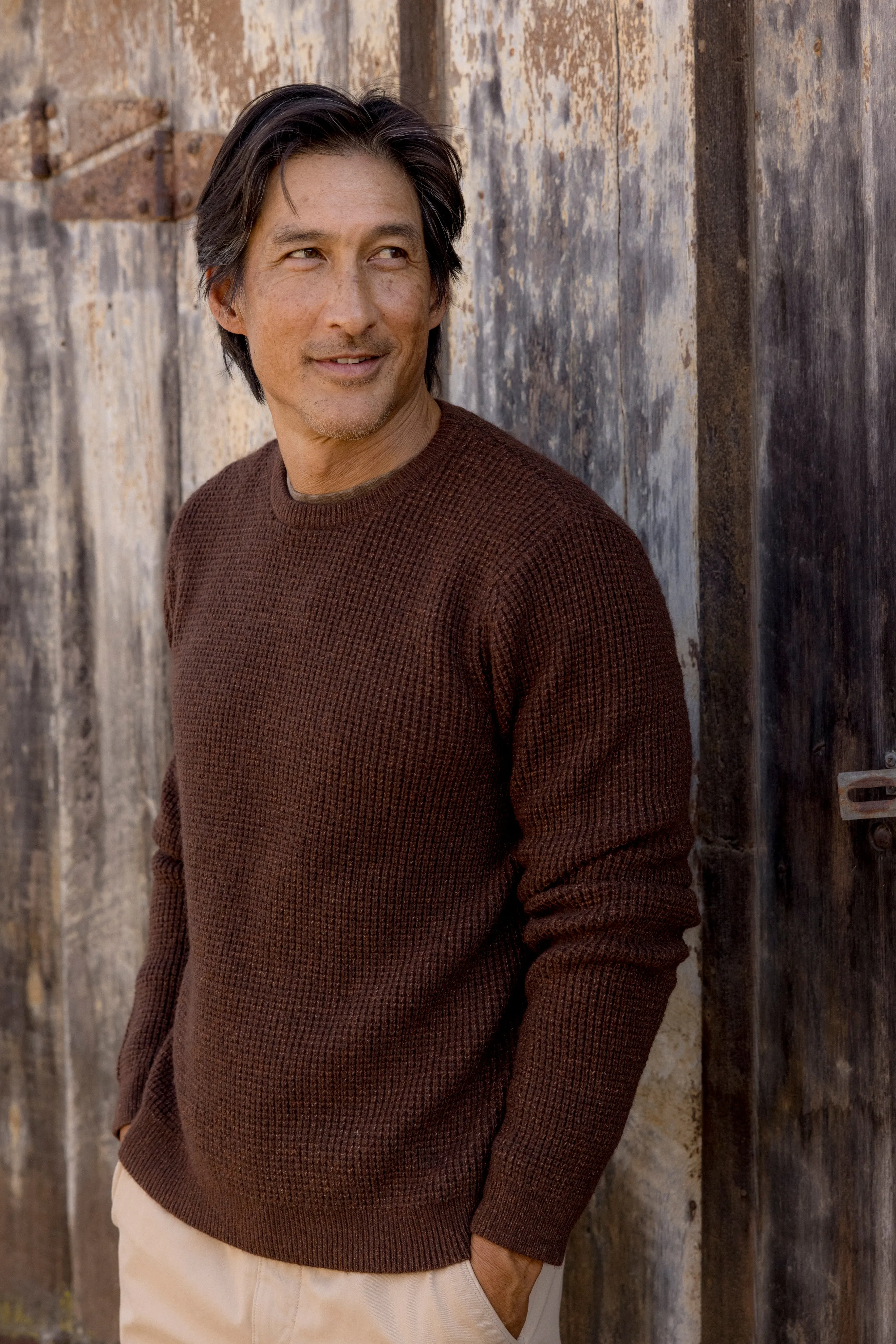 Waffle Stitch Crew Sweater - Brown