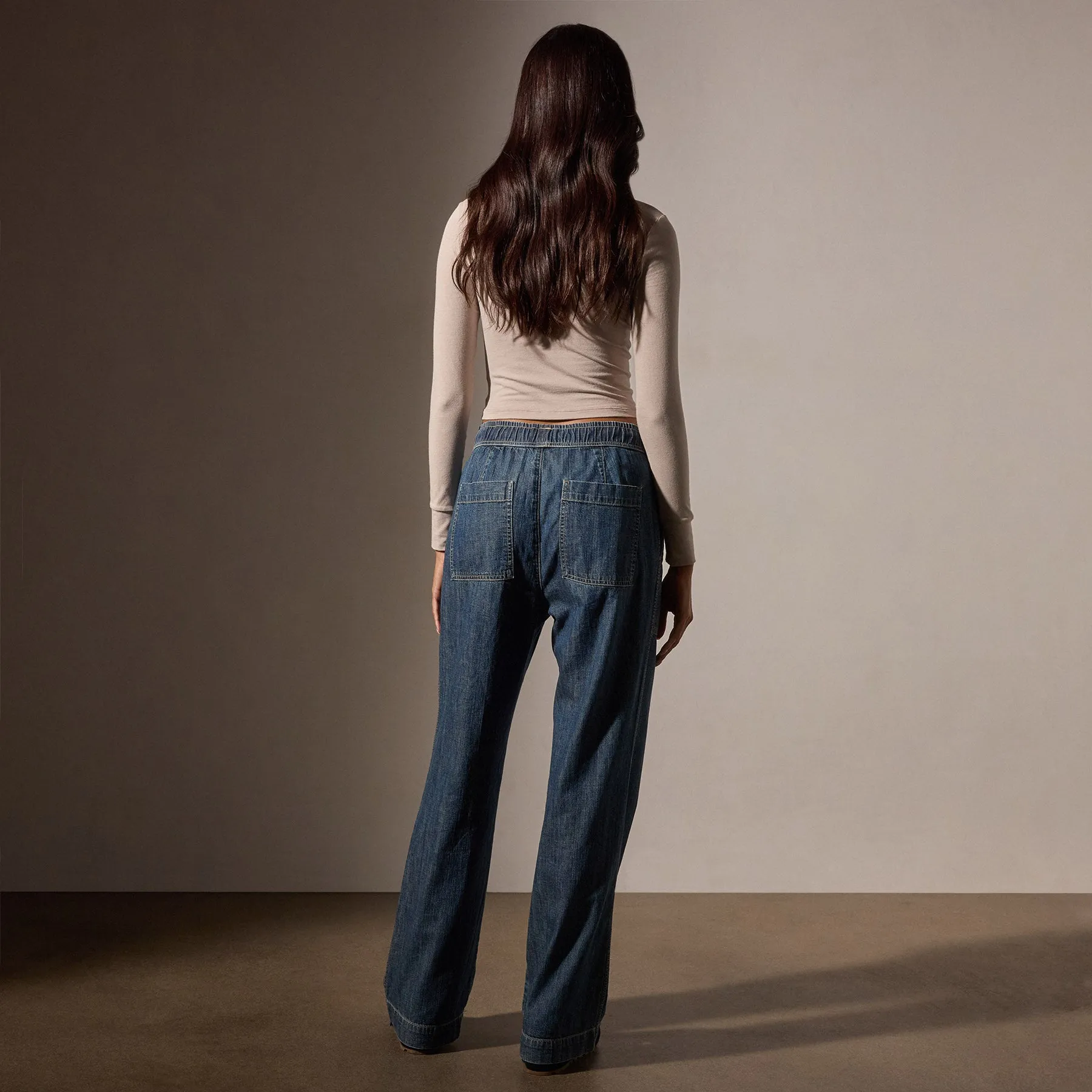 Wide Leg Pull On Denim Pant - Medium Wash