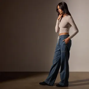 Wide Leg Pull On Denim Pant - Medium Wash