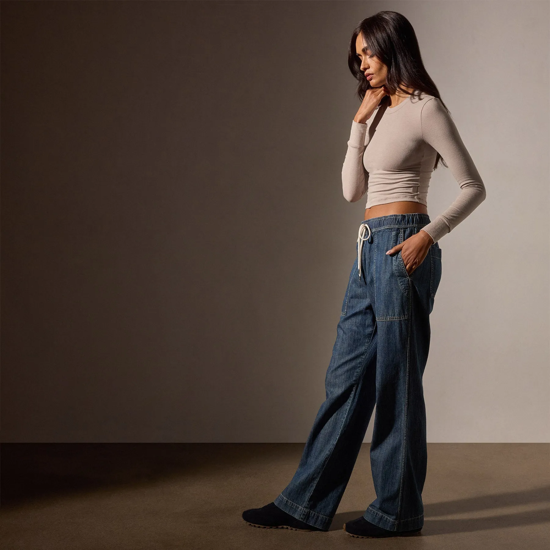 Wide Leg Pull On Denim Pant - Medium Wash