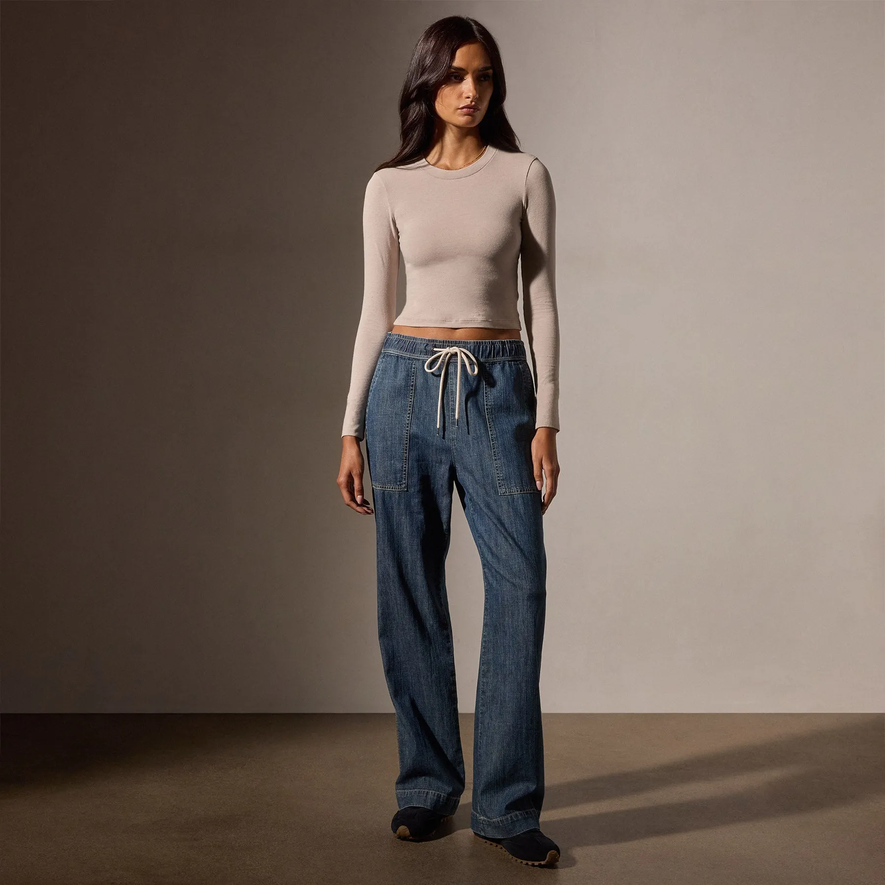 Wide Leg Pull On Denim Pant - Medium Wash